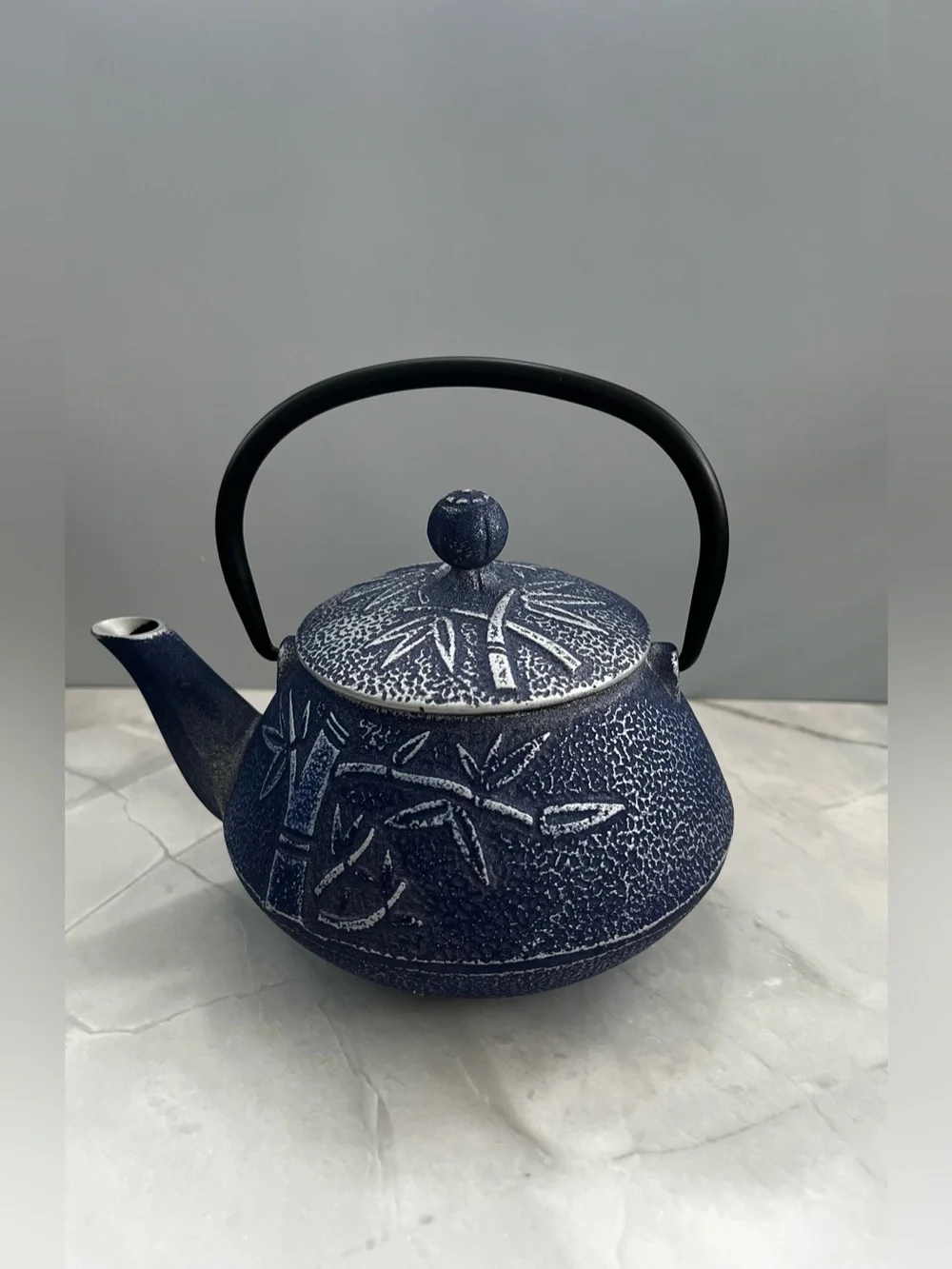 Japanese cast iron Bamboo Pine & Blossom Tetsubin teapot Blue